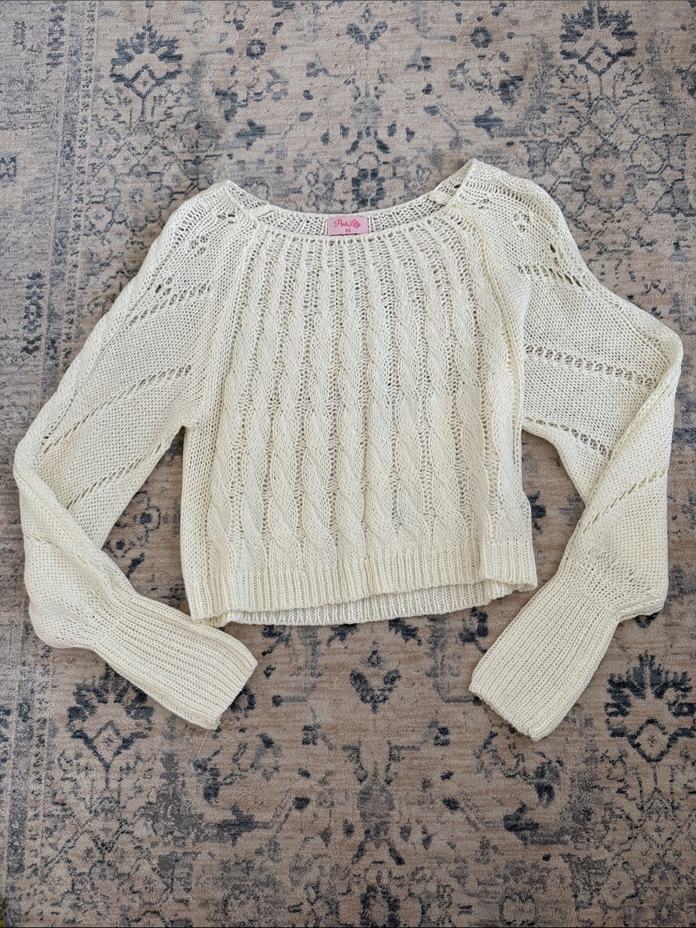 Pinky Cream Cable Knit Cropped Crewneck Sweater